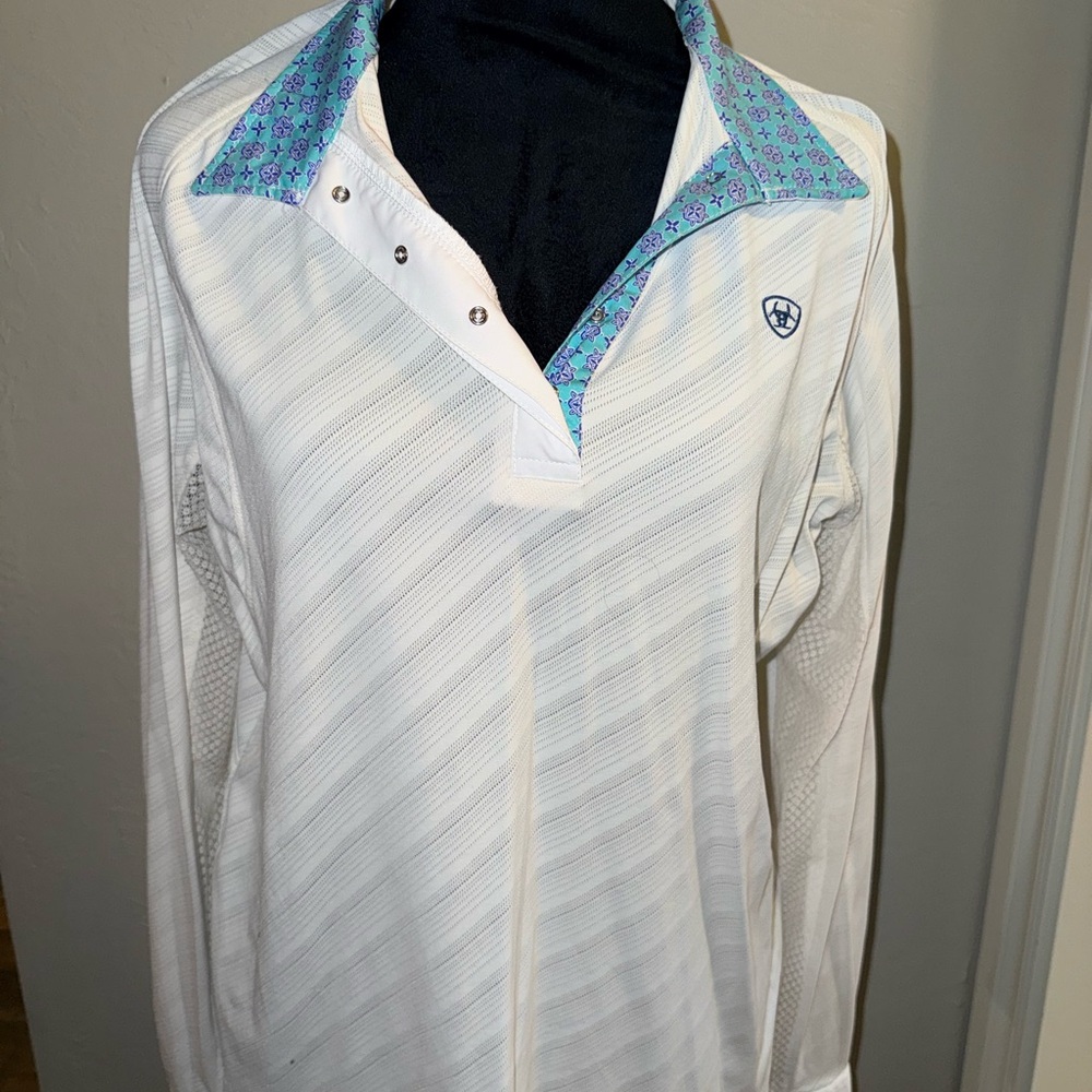 White Long Sleeve Ariat Show shirt with Blue Patterned Collar